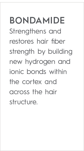 BONDAMIDE Strengthens and restores hair fiber strength by building new hydrogen and ionic bonds within the cortex and...